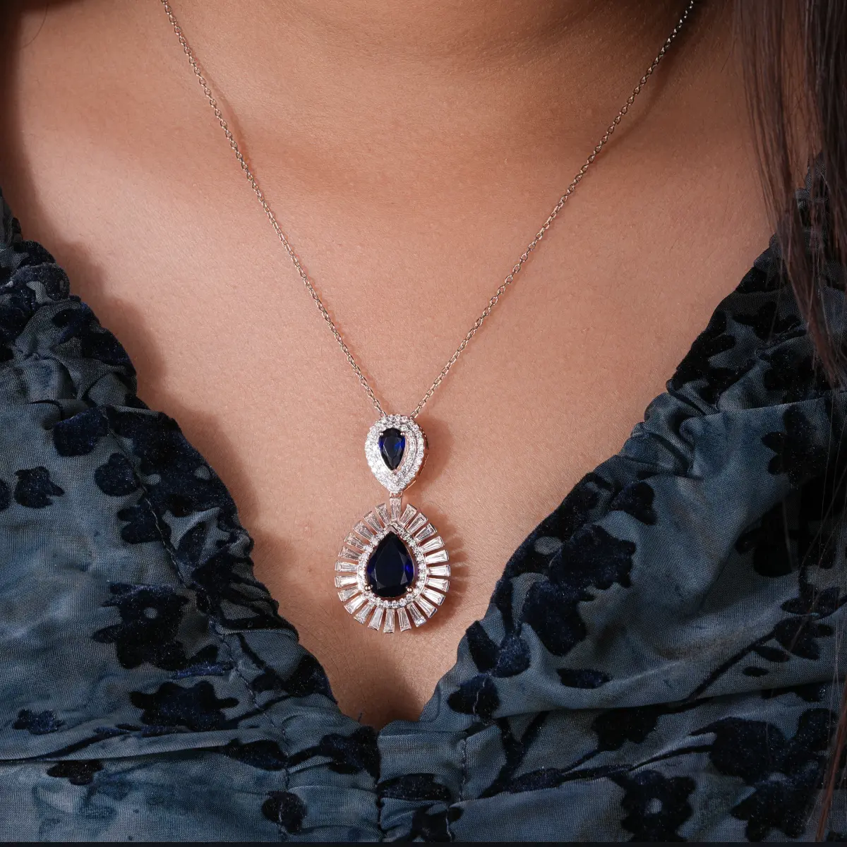 Lab Grown Diamond & Sapphire Pear Shaped Halo Pendant